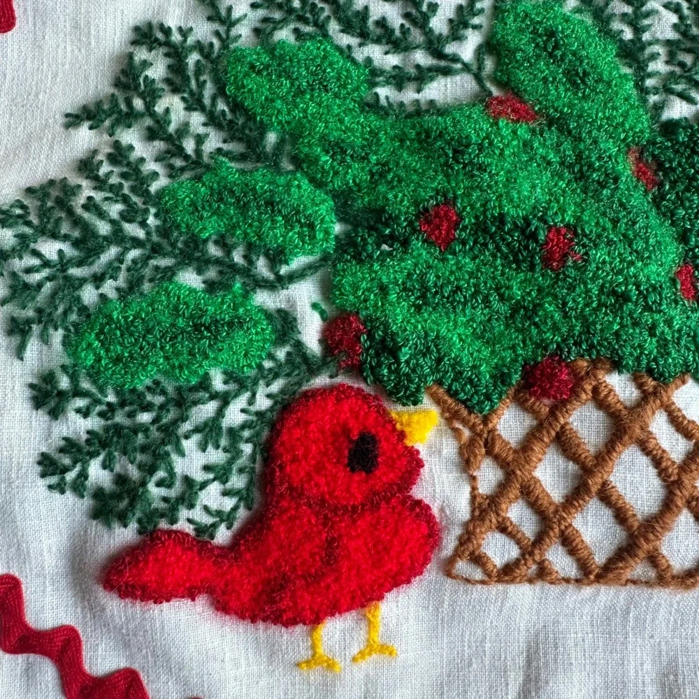 Vintage Christmas Cardinal Bird Embroidered Pillow Case Handmade‎ Holiday Decor
